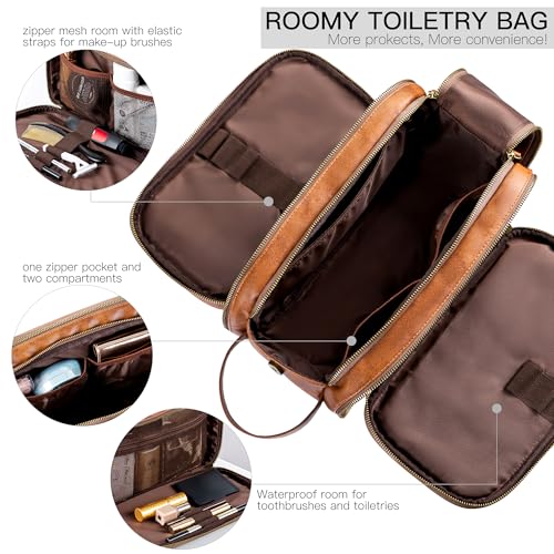 Elviros Toiletry Bag for Men PU Leather Shaving Dopp Kit (Medium, Brown) - color: Brown, size: Medium (Pack of 1)