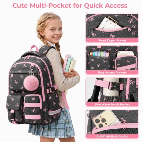 WOBAGMEN Cute Pink Bow Backpack for Teen Girls, Large Capacity Multi-Pocket School Bag Fits 15.6" Laptop, Lightweight Durable Daypack for School and Travel (Pink Bow Polka Dot, M) - color: Pink Bow Polka Dot