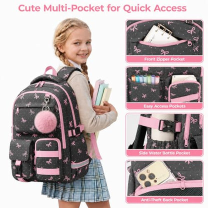 WOBAGMEN Cute Pink Bow Backpack for Teen Girls, Large Capacity Multi-Pocket School Bag Fits 15.6" Laptop, Lightweight Durable Daypack for School and Travel (Pink Bow Polka Dot, M) - color: Pink Bow Polka Dot