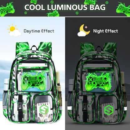 DIGOBAY 3PCS Cool Luminous Clear Backpack for Boys Kids, Gamer Clear Bookbag for School, See Through PVC Transparent Backpacks with Lunch Bag Pencil Case, Backpack Heavy Duty for School Stadium - color: Green Lightning