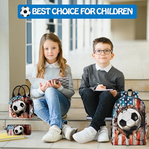 3PCS Backpack for Girls Boys,Teens Flag Soccer Back to School Backpack with Lunch Box Pencil Case, 17 Inch Lightweight Students Backpack 3 in 1 Set for Elementary Middle High School - color: American Flag Soccer