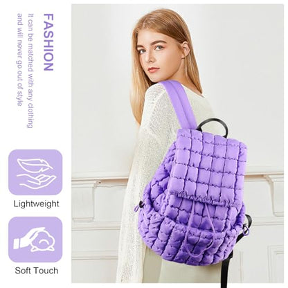 IzuztA Quilted Puffer Backpack for Women, Lightweight Soft Nylon Quilted Hiker Pack Top Flap Drawstring Backpack, Trendy Puffy Padding Gym Travel Bag for Casual Daypack Hiking Sport (Purple) - color: Purple