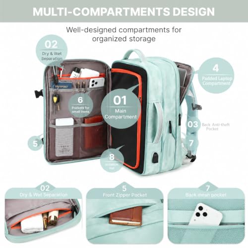 Travel Backpack for Women, PU Leather Carry On Backpack Flight Approved with Laptop Compartment, 40L Expandable Personal Item Travel Bag for Traveling Weekender Business (Light Blue) - color: Light Blue