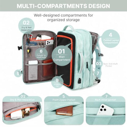 Travel Backpack for Women, PU Leather Carry On Backpack Flight Approved with Laptop Compartment, 40L Expandable Personal Item Travel Bag for Traveling Weekender Business (Light Blue) - color: Light Blue