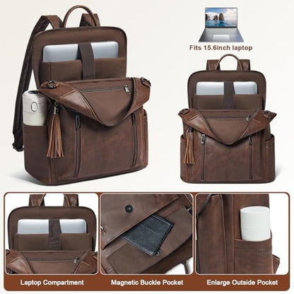 Shrrie Laptop Backpack for Women 15.6 inch,Travel Leather Backpack Purse Nurse Teacher Carry on Backpack Computer Bag,Professional Water-Resistant College Business Work Casual Daypack,Brown - color: Crazy Horse Brown01
