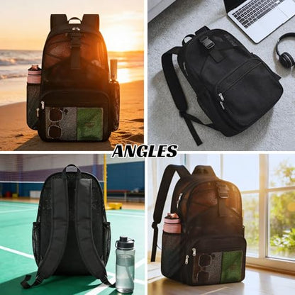 Metaverse Mesh Sports Backpack 20 Inch with Racket Holder for Men Women, Large Travel Gym Beach Backpack with Water Bottle Pockets - color: Black