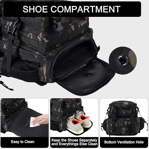LHI Military Tactical Backpack for Men and Women 45L Army 3 Days Assault Pack Bag Large Rucksack with Shoe Compartment - Black CP - color: 1.21 Shoe Compartment（black Cp）