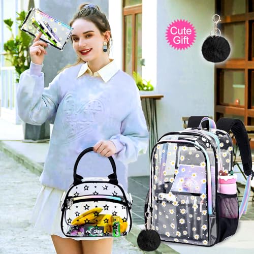gxtvo 3PCS Girls Clear Backpack Heavy-Duty Set for Women & Teen, 17" Black Transparent Bookbag with Rainbow Strap, Cute Chrysanthemum See Through School Bag - color: Black Chrysanthemum Clear Backpack Set