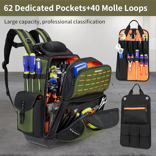 BLISSWILL Tool Bag Backpack for men,Heavy Duty Tool Backpack Bag with Waterproof Molded Base，62 Pockets/40 Loops Heavy Duty Tools Organizer Bags/Electrician/Industrial/Construction Work Backpack - color: Army green