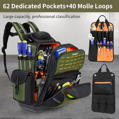 BLISSWILL Tool Bag Backpack for men,Heavy Duty Tool Backpack Bag with Waterproof Molded Base，62 Pockets/40 Loops Heavy Duty Tools Organizer Bags/Electrician/Industrial/Construction Work Backpack - color: Army green