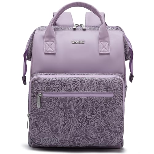 Kinmac Wide Open Style Laptop Backpack for Laptop Up to 15.6 Inch Men Women Travel Outdoor Backpack (Purple Flower PU) - color: Purple Flower Pu