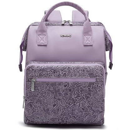 Kinmac Wide Open Style Laptop Backpack for Laptop Up to 15.6 Inch Men Women Travel Outdoor Backpack (Purple Flower PU) - color: Purple Flower Pu