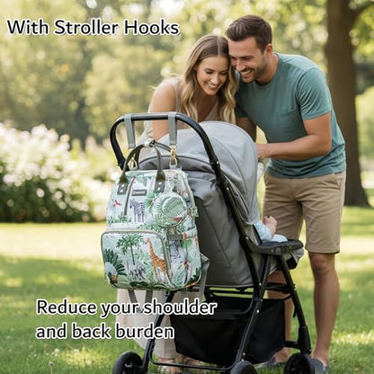 Tropical Rainforest Diaper Bag Backpack,Animal Nappy Backpack with Coin Bag USB Charging Port Stroller Straps and Insulated Pocket For Women/Mom/Travel (Animal Pattern) - color: White