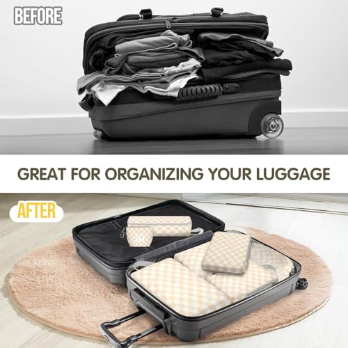 8 Set Compression Packing Cubes Travel, Lightweight Durable Packing Compression Cubes, Accessories Bags Packing Cubes for Travel Luggage Organizer (Khaki Checkered) - color: 8 Set Khaki Checkered