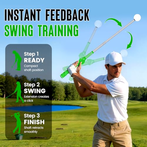 5-in-1 Golf Swing Trainer for Right-Handed Golfers with Click Feedback, Retractable Training Aid, Grip Trainer & Arm Band, Improve Tempo & Swing Path, Indoor Outdoor Practice - color: Green