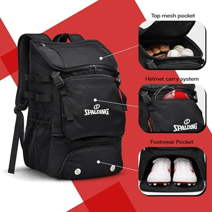 Spalding Baseball Backpack Baseball Bag | Youth & Adult Large Black Backpack with Compartment for Tball Softball Sports Gear | Fits Bat Glove Shoes Ball Helmet | Waterproof Adult Bat Bag Softball Gift
