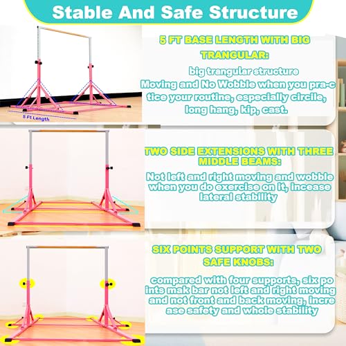 Marfula Gymnastic Bar For Kid and Teenage of 3-25, 5Ft/8 FT Base Length 4Ft Width 5Ft Adjust Height, Gymnastic Kip Bar For Gymnast, Gymnastic Training Equipment For Professional Training Home Club Use - color: Pink(5 Ft Base)