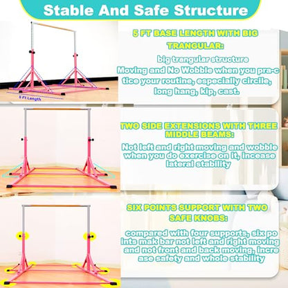 Marfula Gymnastic Bar For Kid and Teenage of 3-25, 5Ft/8 FT Base Length 4Ft Width 5Ft Adjust Height, Gymnastic Kip Bar For Gymnast, Gymnastic Training Equipment For Professional Training Home Club Use - color: Pink(5 Ft Base)