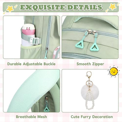 MUSEVOS Girls Backpack, Ideal School Backpack for Girls from Elementary to Teen Years, Kawaii Bookbag Cute Large Capacity, Checkered, Green - color: Green