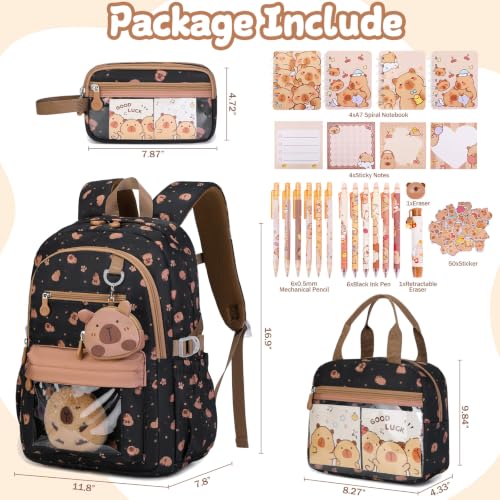 Capybara Theme Backpack for School Girls, 35PCS Kids Backpack Set with School Supplies Stationery Kit Lunch Box Pencil Case, Cute Girls Bookbag for Kindergarten Elementary Student - color: Black