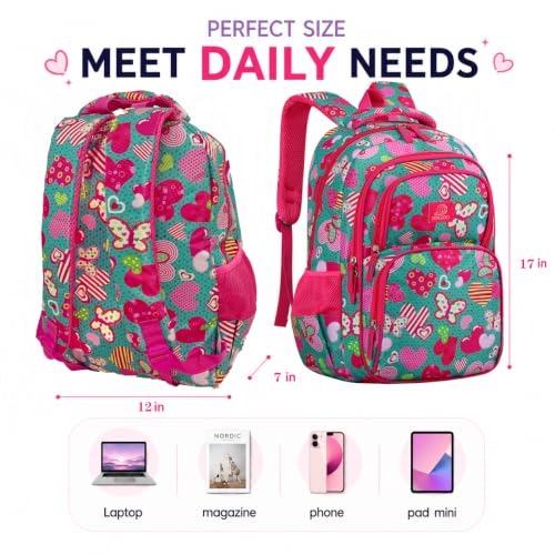 MYGOO Girls School Backpack Campus Butterfly Aqua Bookbag for Elementary Middle School Ages 5-12, 17 inch Large Capacity 24L Kids Student Travel Bags - color: Campus Butterfly Aqua