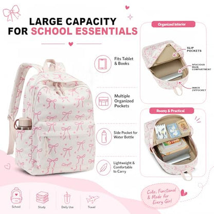 LEDAOU School Backpack for Teen Girls Elementary Middle School Bookbag Kids Backpacks 15.6 in Laptop Backpack Travel Daypack - color: A-bow Tie Love Beige