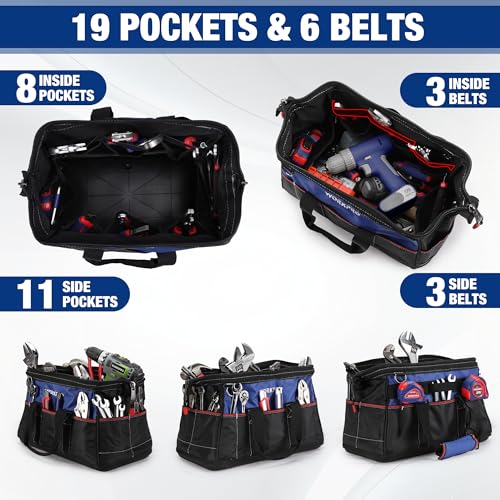 WORKPRO 16-inch Wide Mouth Tool Bag | Heavy Duty Cloth Tool Storage Bag, Water Proof Molded Base, Adjustable Shoulder Strap - color: Blue &Red