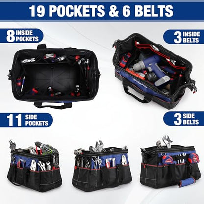 WORKPRO 16-inch Wide Mouth Tool Bag | Heavy Duty Cloth Tool Storage Bag, Water Proof Molded Base, Adjustable Shoulder Strap - color: Blue &Red