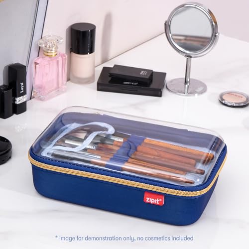 ZIPIT: Travel Makeup Bag - Navy Blue & White Stripes - Protective Hard Shell, Large Cosmetic Case, Transparent Zipper Lid, Handle, Toiletry Organizer - color: Multicolor
