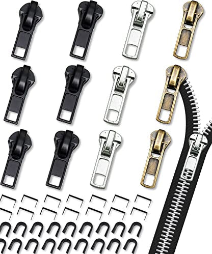 Zipper Repair Kit (52 Pcs), Universal #5 Zipper Replacement Slider Kit, Zipper Pull Replacement, Zippers Fix Repair Kit for Jackets, Coats, Boot, Backpack, Hoodie, Metal, Plastic & Nylon Coil Zippers