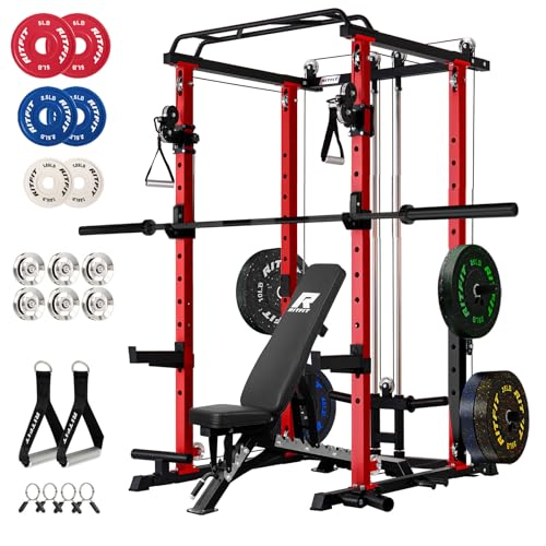 RitFit Multi-Function Garage & Home Gym Package Includes 1200LBS Power Cage PPC03/P3 with Cable Crossover System, Weight Bench, Olympic Barbell Weight Set, Full Body Workout - color: Red, style: Package 1.7K (with FBP 230lbs Plates)