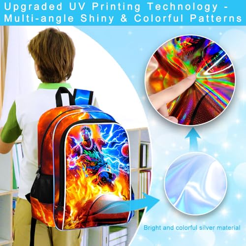 AGSDON 3PCS Boys Backpack for Boys, 17" Kids Bookbag with Lunch Box for Boy,Basketball Flame Thunder Backpacks Water Resistant and Lightweight for Teen - color: Basketball 01
