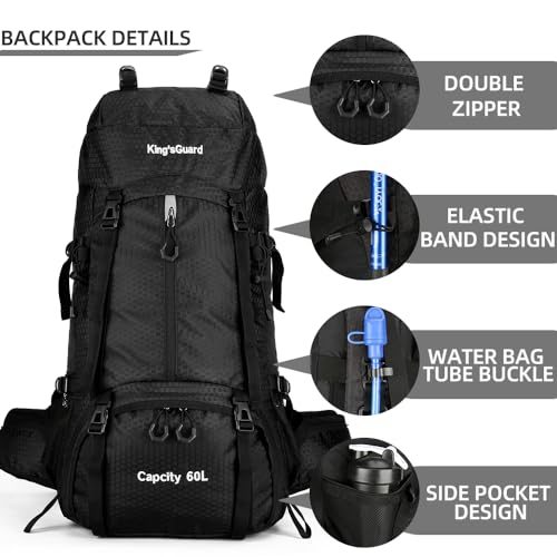 King'sGuard 60L waterproof lightweight hiking backpack with rain cover and shoe compartment outdoor sports travel backpack - color: Black