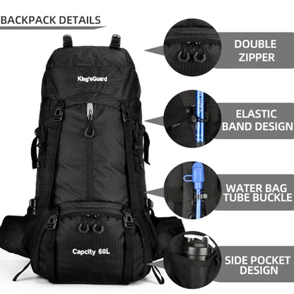 King'sGuard 60L waterproof lightweight hiking backpack with rain cover and shoe compartment outdoor sports travel backpack - color: Black