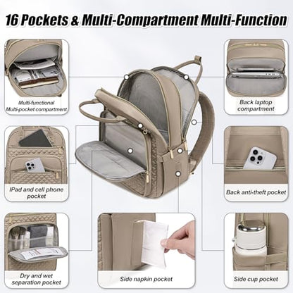 Tealari Laptop Backpack for Women,15.6 Inch Laptop Backpack for Work,Water Resistant Travel Backpack,College Bookbag with Wallet (Khaki) - color: Khaki