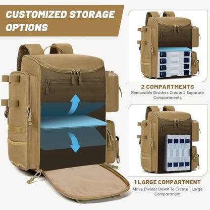 40L Fishing Backpack Water Resistant Fishing Tackle Bag with 2 Rod Holders, Tackle Storage Bag for Anglers(Khaki,Bag Only) - color: Khaki