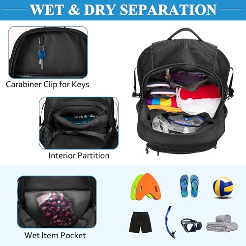 Fasrom Mesh Beach Bag Backpack with Wet Item Pocket, Swim Backpack for Pool, Travel and Gym (Patent Design, Empty Bag Only), Black - color: Black