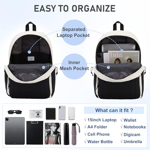Kasqo School Backpack,Water Resistant Middle High School Bookbag for Teens Girls Boys School Bag Casual Women Men Daypack for Travel College Black White - color: Black White