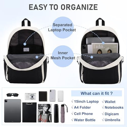 Kasqo School Backpack,Water Resistant Middle High School Bookbag for Teens Girls Boys School Bag Casual Women Men Daypack for Travel College Black White - color: Black White