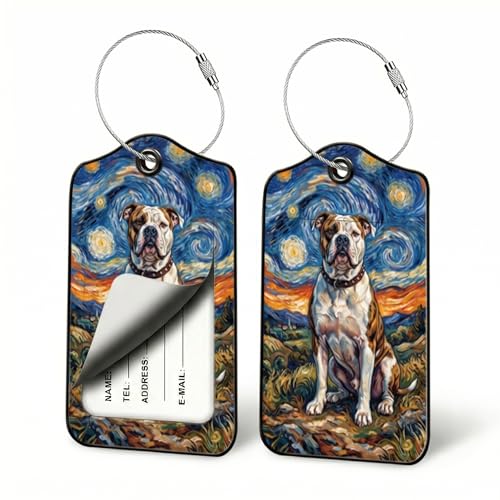 English Bulldog Luggage Tags for Suitcases, 2 Pack PU Leather Bag Tags Set | Privacy flap hides address card, steel wire loop fits stroller bags, dog-show totes, park bags, duffels and short city trips - color: English Bulldog