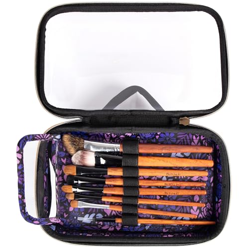 ZIPIT: Travel Makeup Bag - Black & Purple Flowers - Protective Hard Shell, Large Cosmetic Case, Transparent Zipper Lid, Handle, Toiletry Organizer - color: Black