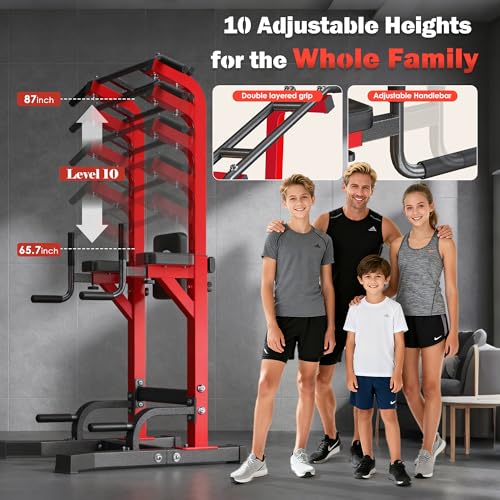 DlandHome Power Tower Pull Up Bar Station, Heavy Duty Pull Up Dip Station Adjustable Height for Home Gym Strength Training Equipment, 330LBS Weight Capacity - color: Red