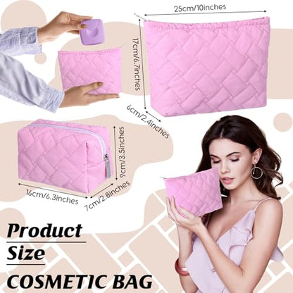 Huhumy 2 Pc Makeup Bag Set Cute Quilted Cosmetic Pouch for Women Travel Toiletry Bag Preppy Small Makeup Purse Pouch Skincare Brushes Storage Organizer Pencil Case Set(Knitted,Quilted,Rose Pink) - color: Rose Pink, style: Knitted