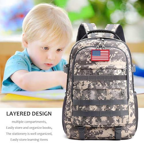 TILYTADLY School Backpack for Boys - Camouflage Boys Backpack for Kids Teens Elementary Middle School - Camo Students Bookbag,18″ Bookbag with Usb Charging Port & Key-chain - color: Camouflage-gray-only