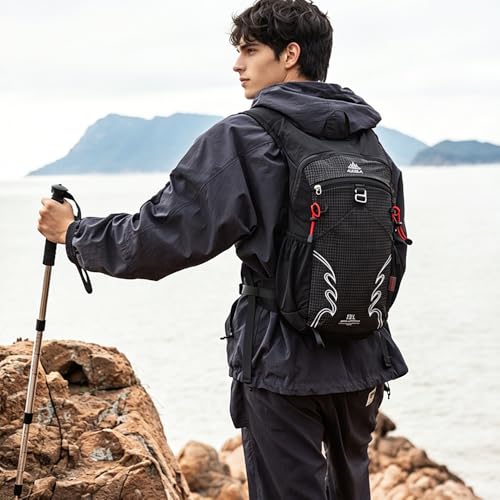 18L Lightweight Hiking Backpack, Breathable Daypack with Rain Cover, Reflective Ultralight Camping Bag for Men Women, Hydration Outlet for Outdoor Travel - color: Black