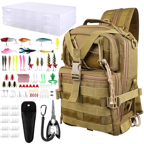 139PCS Tackle Box Backpack,Fishing Backpack with Accessories,Tackle Bag Fishing Tool Kit Fish Pliers Salt Water Fishing Tackle Set for Men Women Gifts (Brown) - color: Brown