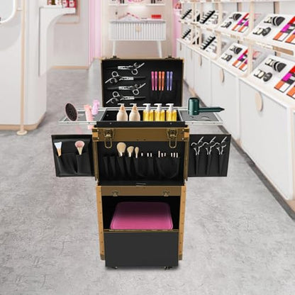 Cosmetic Train Case,Rolling Makeup Train Case,Travel Stylist Case Lockable Hairdressing Trolley,Professional Makeup Case for Make-up Artists - color: Gold