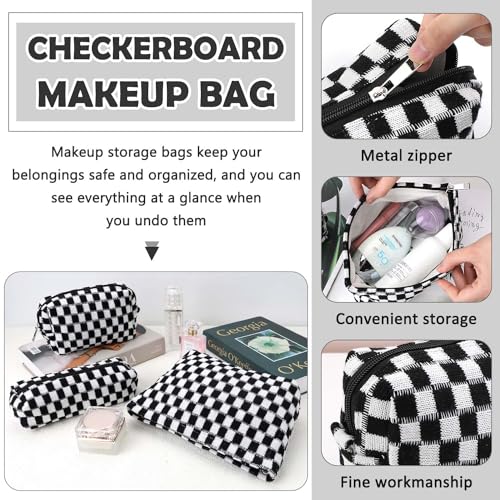 3 Pcs Makeup Bag Cosmetic Bag Set for Girls Women Checkered Travel Organizer Bathroom Toiletry Pouch Large Capacity Storage Bag (Black-White) - color: Black-White