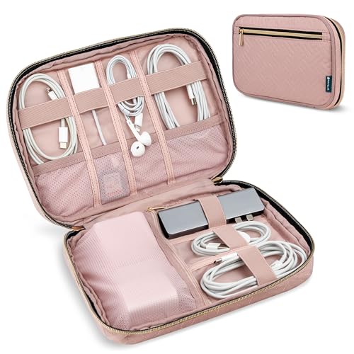 PAVILIA Travel Cord Organizer, Electronic Organizer Travel Case, Tech Case Cable Storage, Small Charger Cord Bag Pouch, Accessories Tech Gifts for Men Women, Pink Quilt - color: Pink Quilt