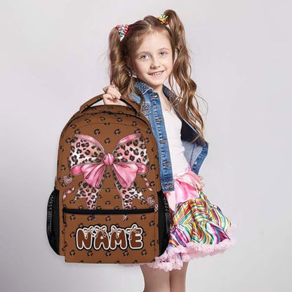 Backpack for Girls Personalized Bow Polka Dot Backpacks, 17 Inch Leopard Print for School Camp Picnic Team - color: Brown